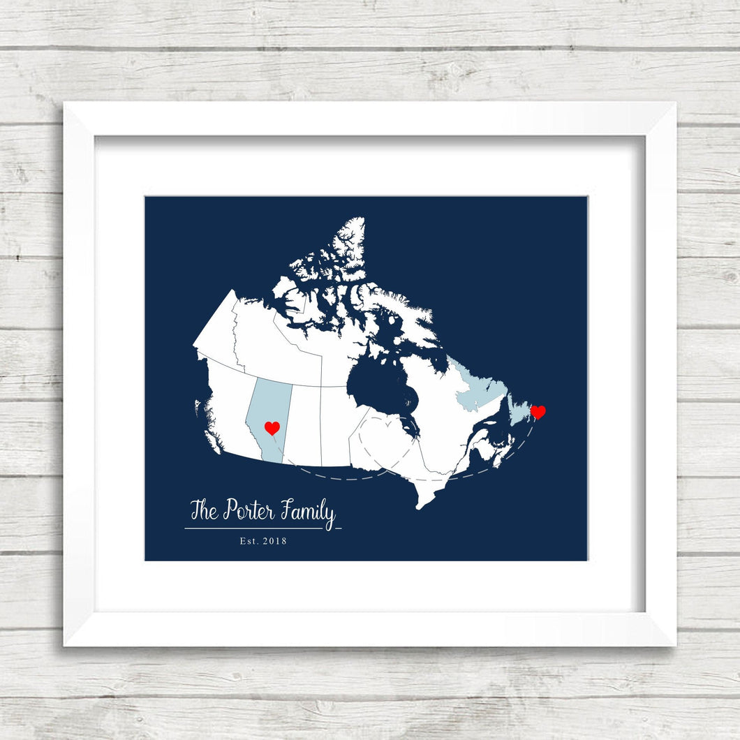 Canadian Couple Love Map - Two Provinces, One Print - Calgary, Alberta - London, Ontario - Long Distance - Christmas Gift - Map Art