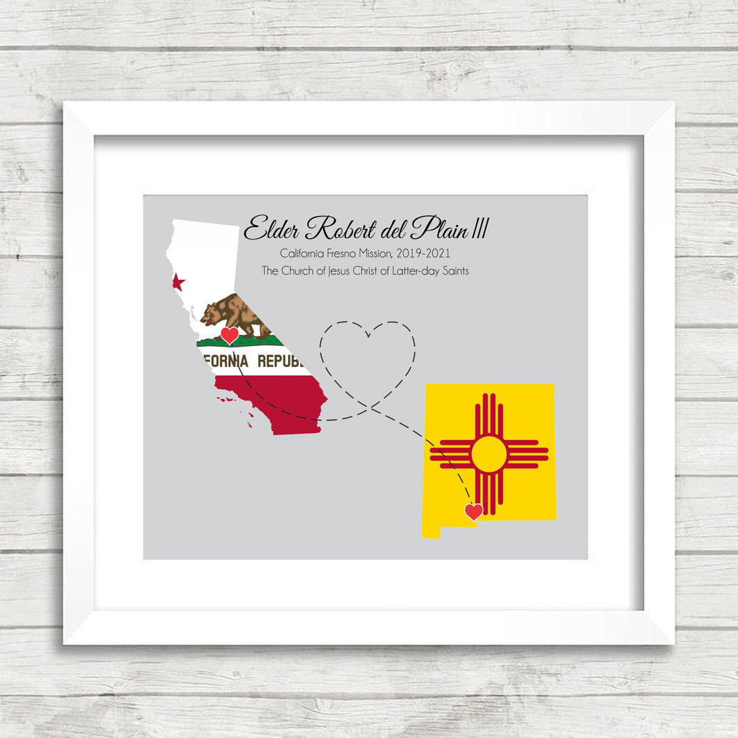 LDS Missionary Map - Two States, One Print - Fresno, California - Las Cruces, New Mexico - Mormon - Missionary Homecoming - Mission Call