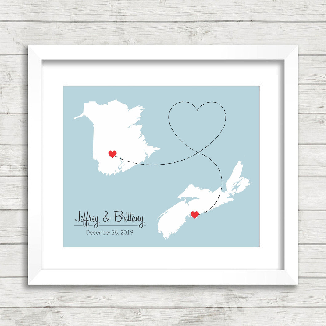 Canadian Provinces Love Map - Two Provinces, One Print - Fredericton, New Brunswick - Halifax, Nova Scotia - Mother's Day Gift - East Coast