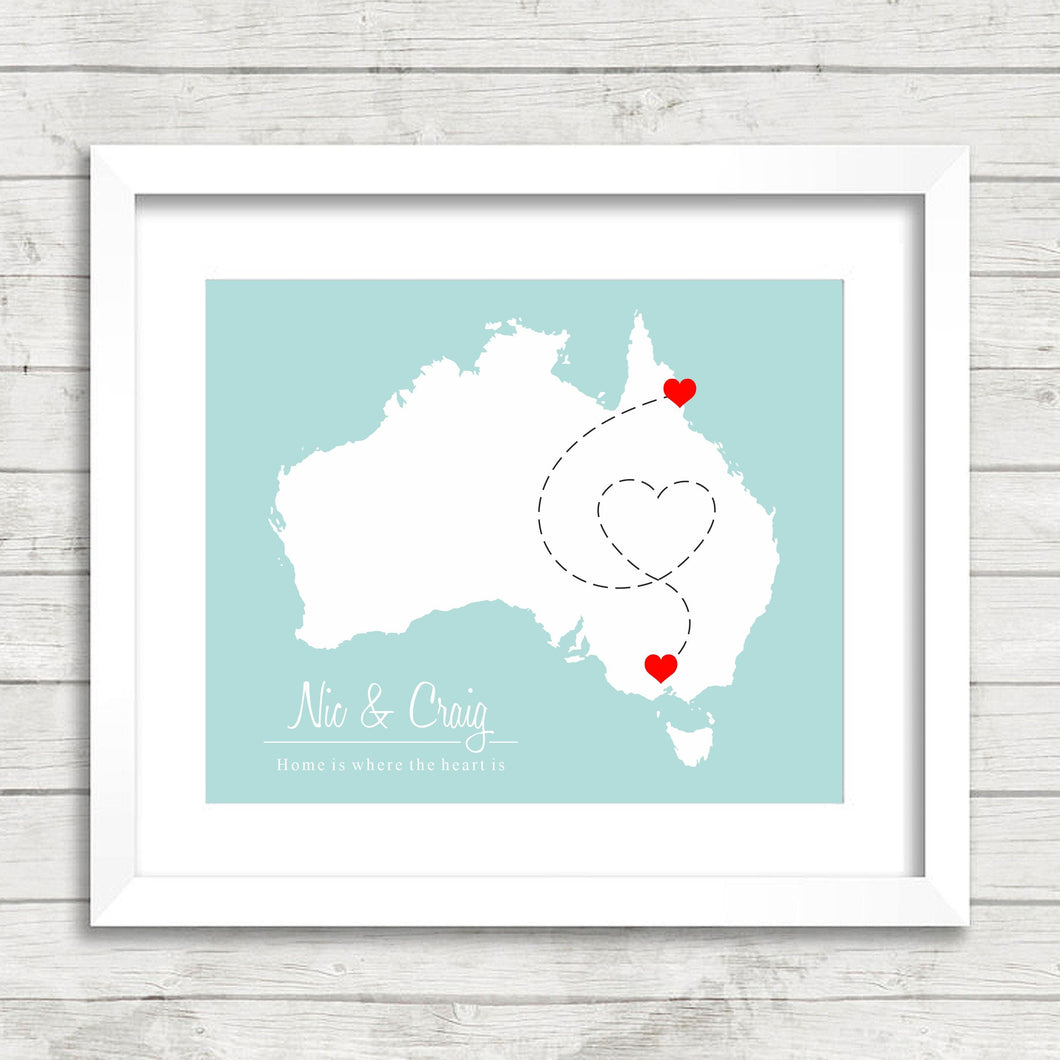 Australia Love Map - Cairns, Queensland - Bendigo, Victoria - Aussie Wedding - Australian Wall Art - Home Décor - Great Barrier Reef