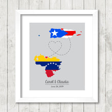 Load image into Gallery viewer, International Love Map - Two Countries, One Print - Caracas, Venezuela - Venezuelan - Manatí, Puerto Rico - Puerto Ricans - San Juan
