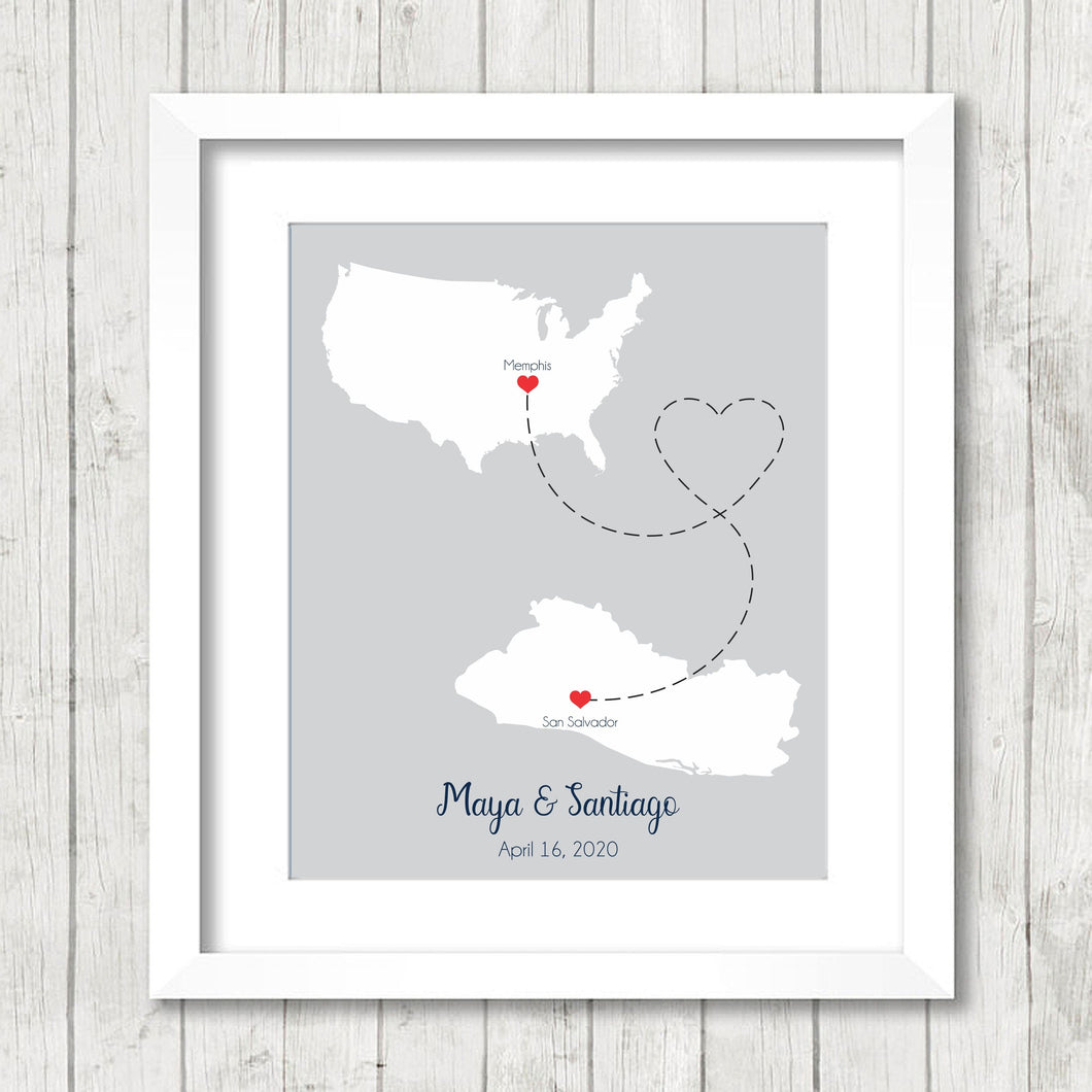 International Love Map - Two Countries, One Print - Memphis, Tennessee, USA - San Salvador, El Salvador - Central America - Salvadoran