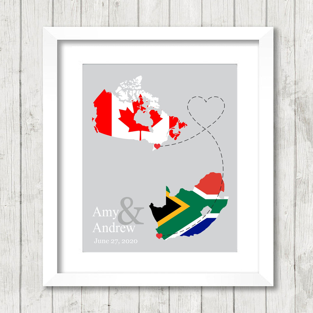 International Love Map - Two Countries, One Print - Toronto, Ontario, Canada - Cape Town, South Africa - New Beginnings - African Roots