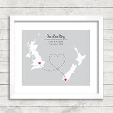 Load image into Gallery viewer, International Love Map - Towcester, Northamptonshire, England - Invercargill, New Zealand - Long Distance Love - Map Prints - Over Seas
