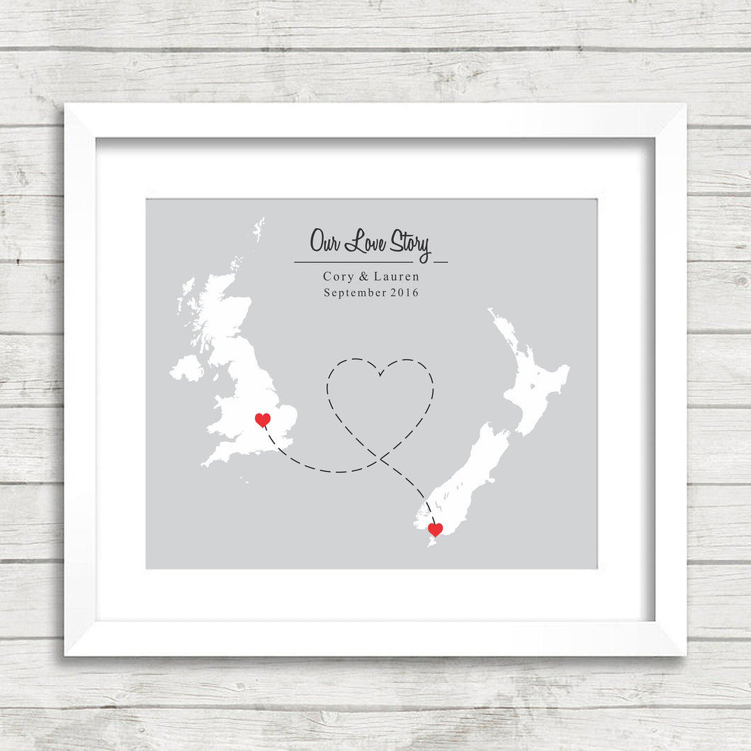 International Love Map - Towcester, Northamptonshire, England - Invercargill, New Zealand - Long Distance Love - Map Prints - Over Seas