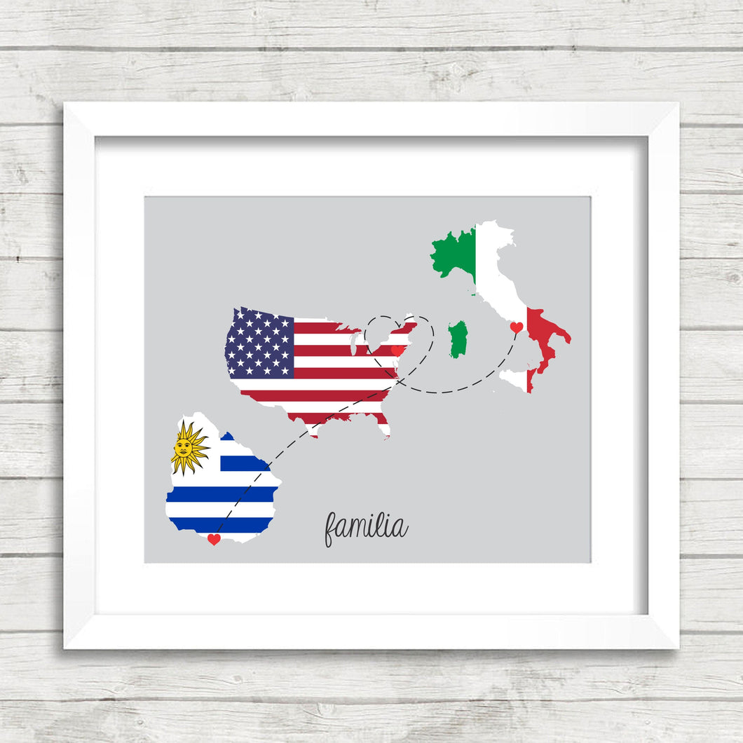 International Love Map - Three Countries, One Print - Montevideo, Uruguay - New Jersey, USA - Ischia, Italy - Family Roots