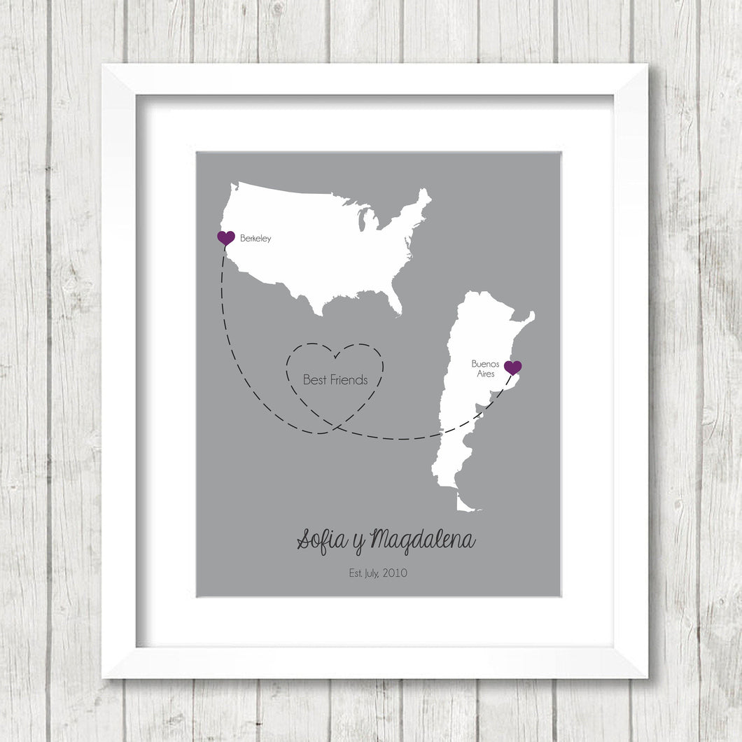 International Best Friends Print - Berkeley, California, USA - Buenos Aires, Argentina - Long Distance Friendship - Moving Away Gift -