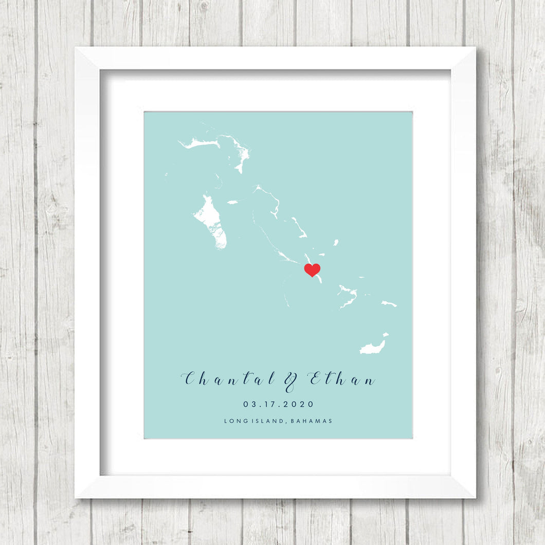 Bahamas Map - Long Island, Bahamas - Bahamas Wedding - Andros Island - Exuma - Grand Bahama - Engagement & Anniversary Gift - Newlyweds