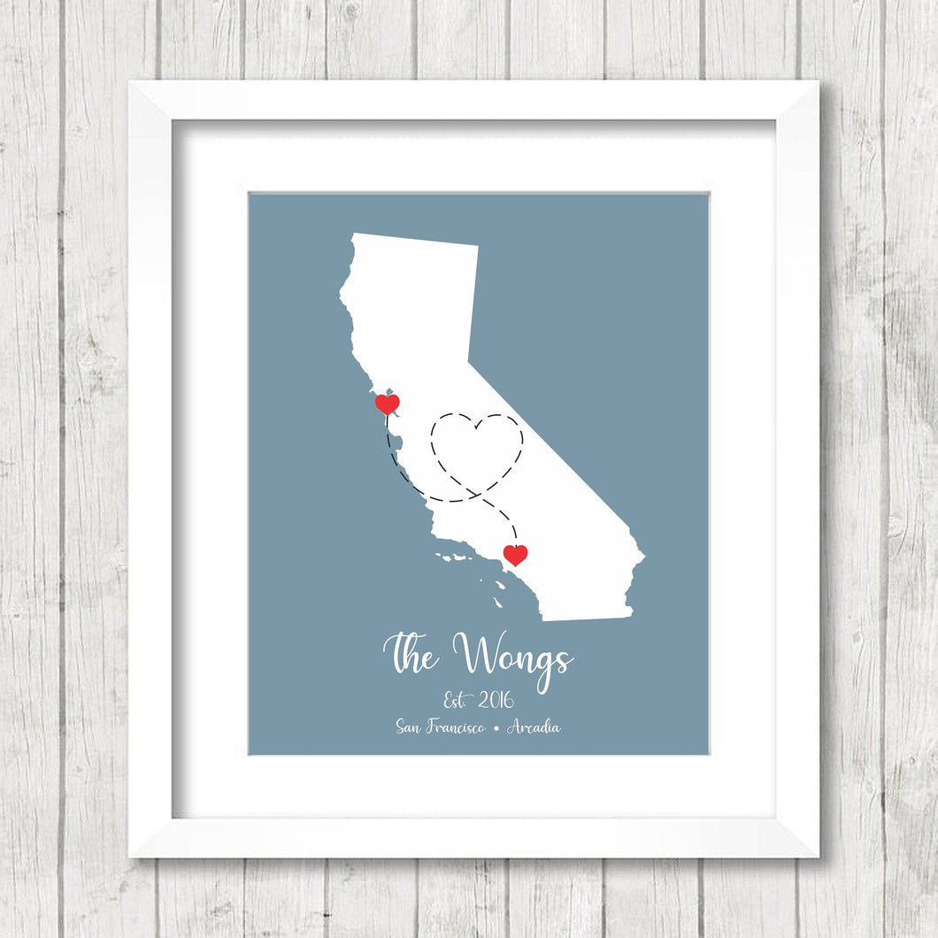 California State Love Map - San Francisco - Arcadia, Los Angeles County - The Golden State - Same Sex - Gay Wedding - Wedding Gift