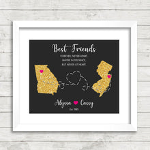 Load image into Gallery viewer, Best Friends State Print - Cliffwood, Monmouth County, New Jersey - Atlanta, Georgia - Long Distance Friendship - Besties Map - Goodbye Gift
