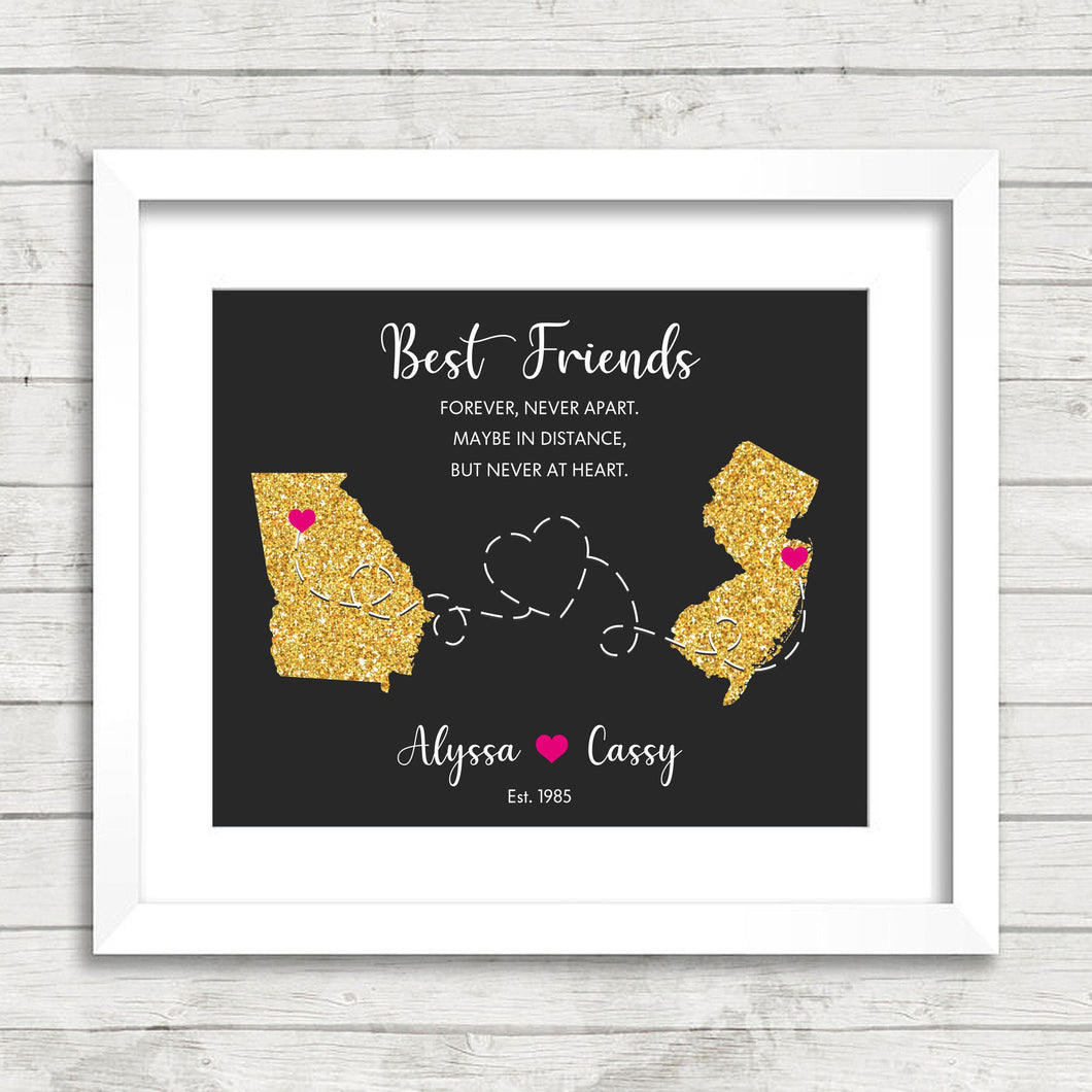 Best Friends State Print - Cliffwood, Monmouth County, New Jersey - Atlanta, Georgia - Long Distance Friendship - Besties Map - Goodbye Gift