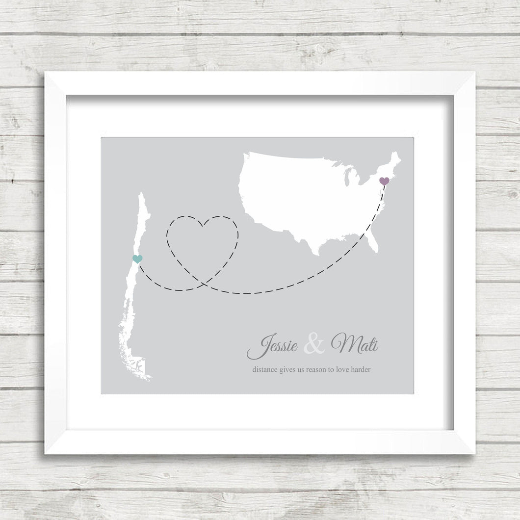 International Love Map - Two Countries, One Print - Santiago, Chile - Mountainside, New Jersey - USA - Long Distance Love - South America