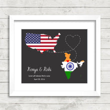 Load image into Gallery viewer, International Love Map - Two Countries, One Print - Houston, Texas, USA - New Delhi, Delhi, India - American - Indian - Flag Art
