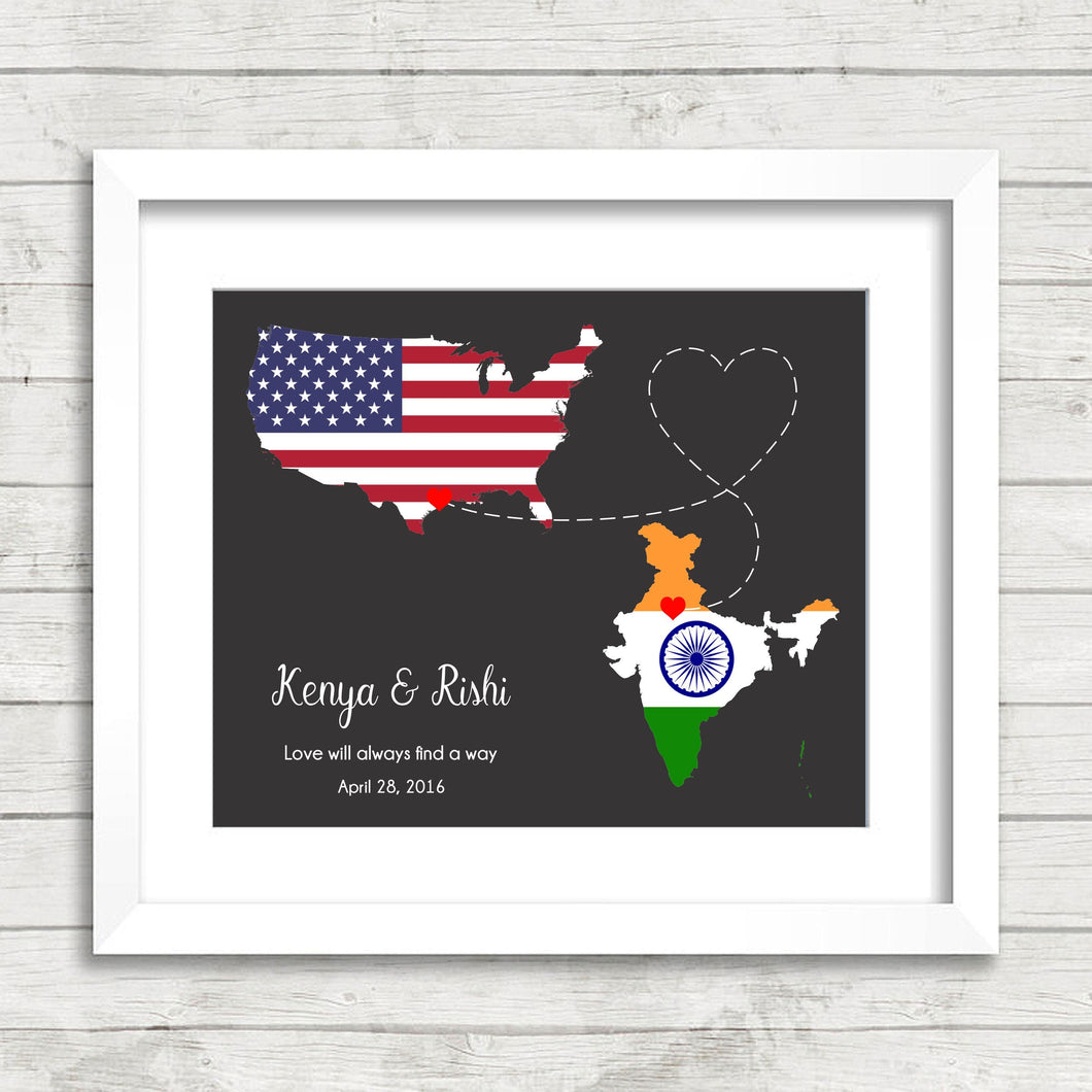 International Love Map - Two Countries, One Print - Houston, Texas, USA - New Delhi, Delhi, India - American - Indian - Flag Art