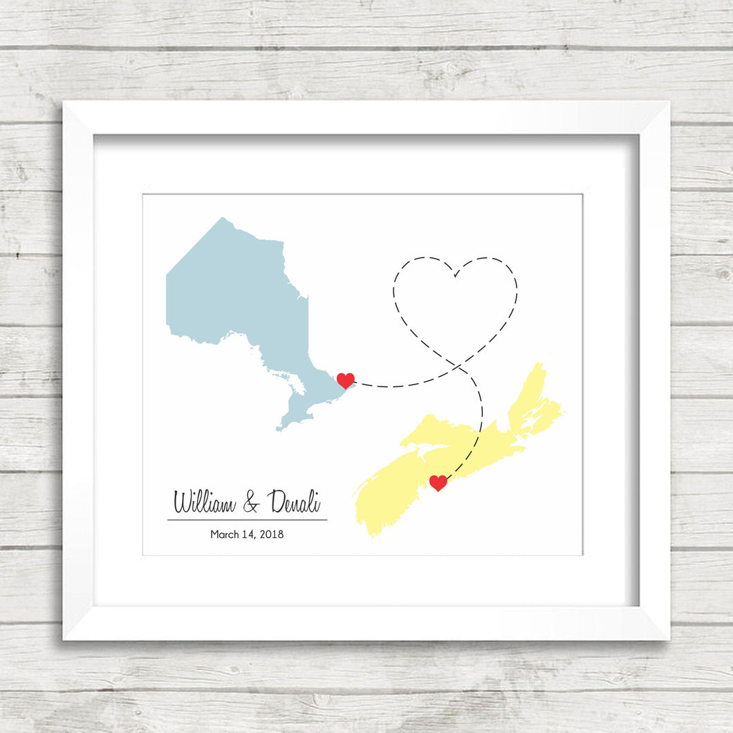 Canadian Provinces Love Map - Two Provinces, One Print - Halifax, Nova Scotia - Ottawa, Ontario - East Coast - Toronto - Dartmouth