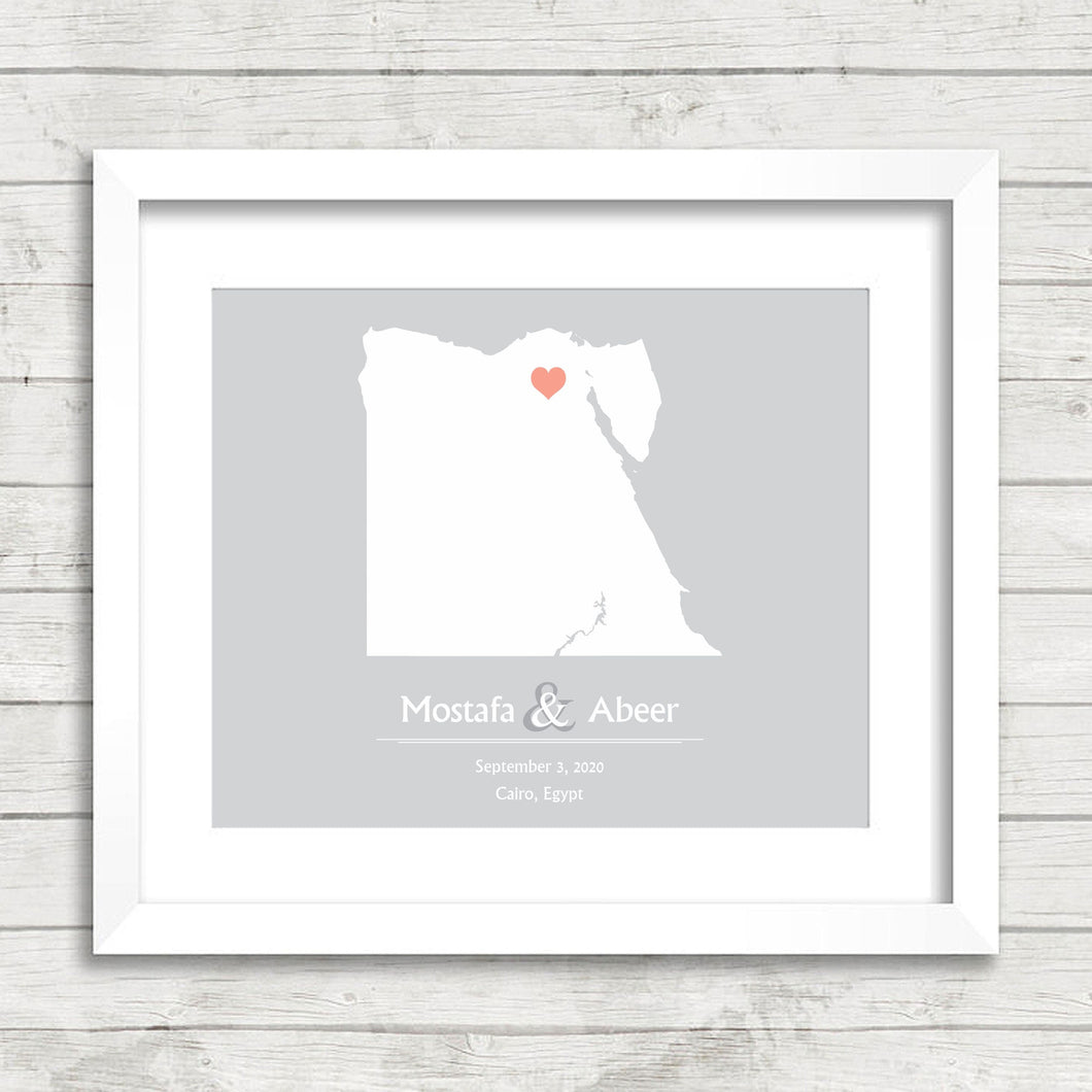 Egypt Map - Cairo, Egypt - Northeast Africa - Middle East - Love Map - Egyptian - Paper Anniversary - Honeymoon