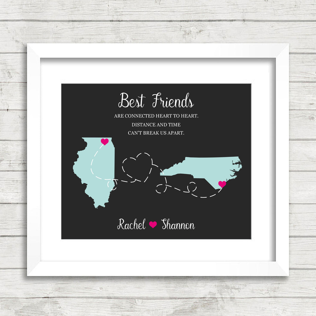 Best Friends State Print - Lake in the Hills, Illinois - Wilmington, North Carolina - Long Distance Friendship - Besties Map - Goodbye Gift