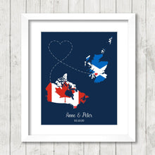 Load image into Gallery viewer, International Love Map - Two Countries, One Print - Niagara Falls, Ontario, Canada - Port Glasgow, Scotland - Long Distance Love - Edinburgh
