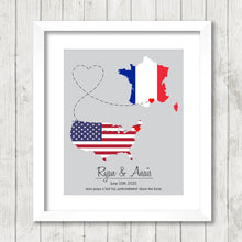 Load image into Gallery viewer, International Love Map - Two Countries, One Print - Marlborough, Massachusetts, USA - Middlesex County - Sète, Hérault, France - American
