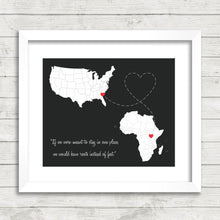 Load image into Gallery viewer, International Love Map - Two Countries, One Print - Savannah, Georgia, USA - Kampala, Uganda - New Beginnings - African Roots
