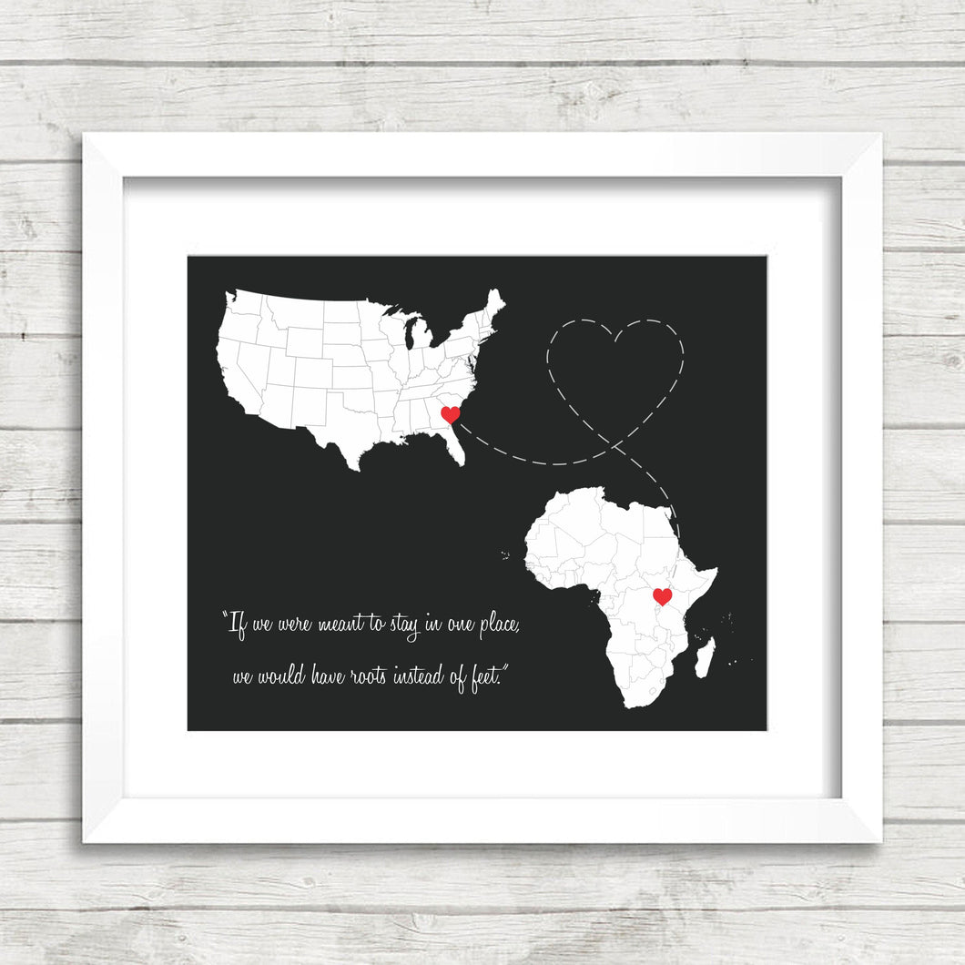 International Love Map - Two Countries, One Print - Savannah, Georgia, USA - Kampala, Uganda - New Beginnings - African Roots