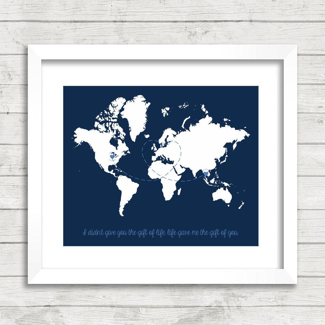 Adoption World Map - Chicago, Illinois, USA - Bangkok, Thailand - Adoption Gifts - New Parents - Gotcha Day - Love Makes A Family -