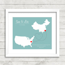 Load image into Gallery viewer, International Love Map - Two Countries, One Print - Fuzhou, Fujian, China - Cary, North Carolina, USA - Chinese - American - Map Art
