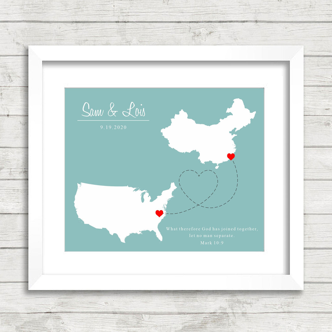 International Love Map - Two Countries, One Print - Fuzhou, Fujian, China - Cary, North Carolina, USA - Chinese - American - Map Art