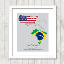 Load image into Gallery viewer, International Love Map - Two Countries, One Print - Boston, Massachusetts, USA - Santa Catarina, Brazil - Brazilian - American
