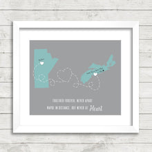 Load image into Gallery viewer, Family Love Map - Aunt &amp; Uncle - Two Provinces, One Print - Thompson, Manitoba - Halifax, Nova Scotia - Canadian Family - East Coast - Christmas
