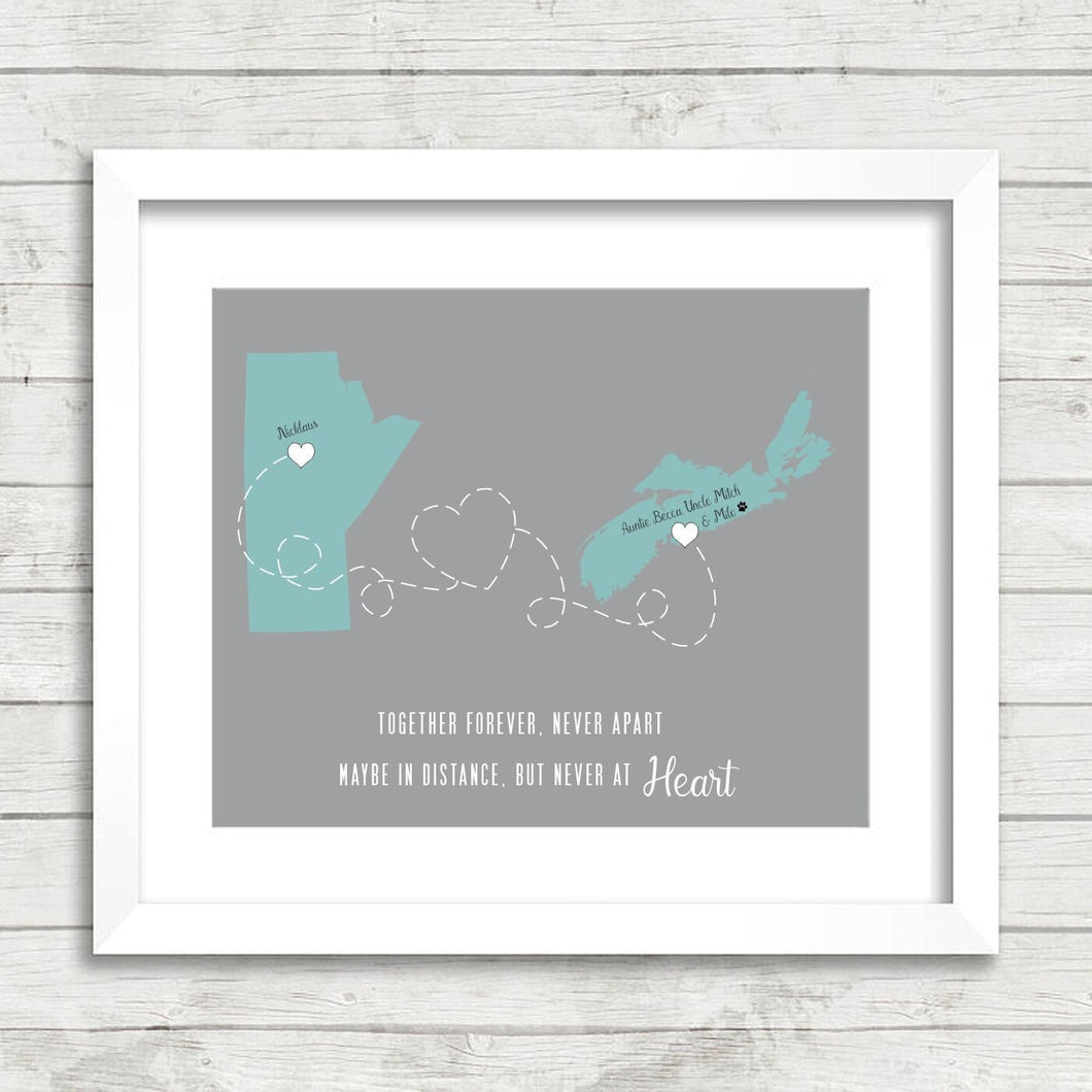 Family Love Map - Aunt & Uncle - Two Provinces, One Print - Thompson, Manitoba - Halifax, Nova Scotia - Canadian Family - East Coast - Christmas