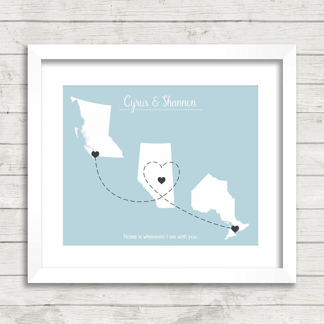 Canadian Love Map - Three Provinces, One Print - Ladysmith, British Columbia - Fort Saskatchewan, Alberta - Bradford, Ontario -Canadian