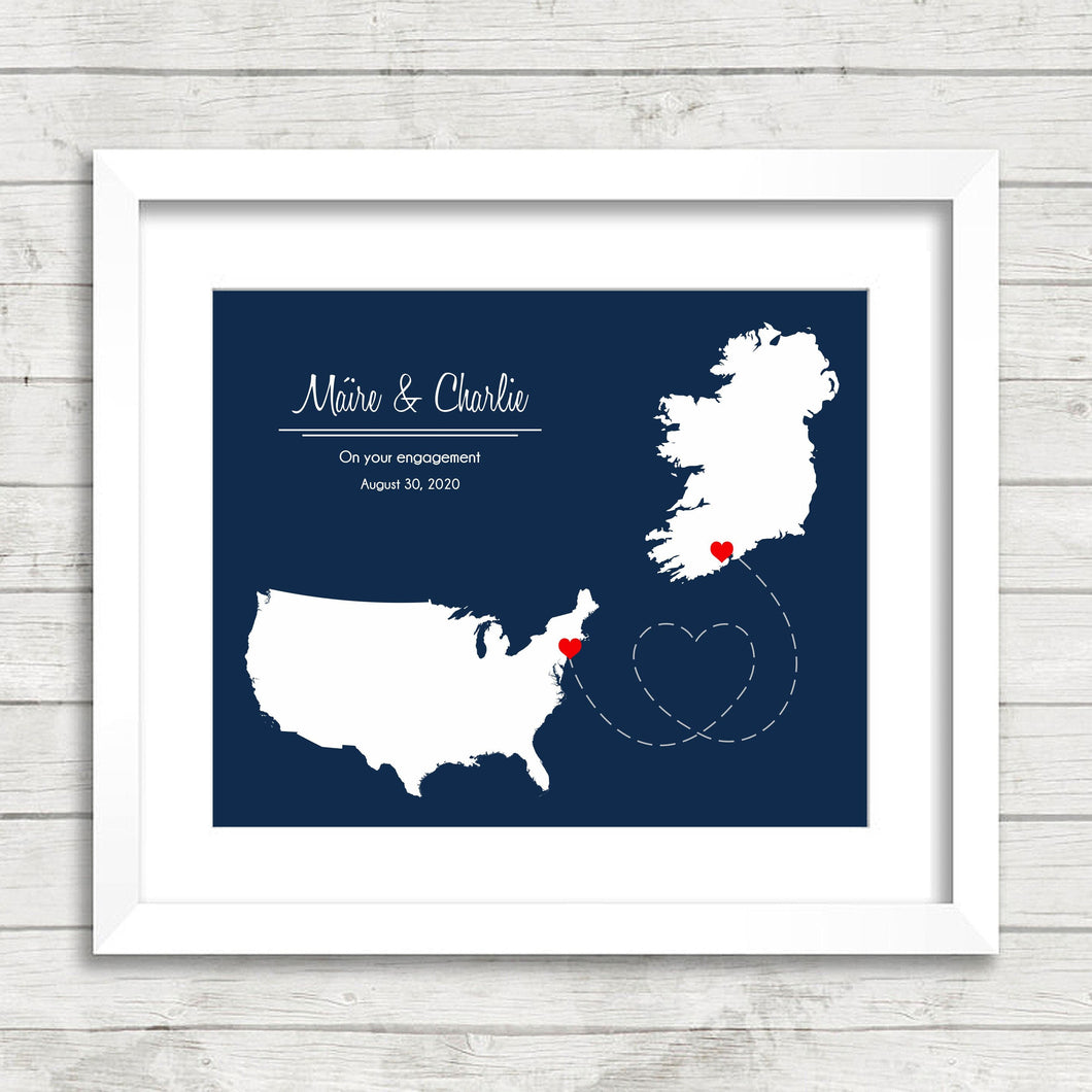 International Love Map - Two Countries, One Print - Babylon, New York, USA - Long Island - Cork, Ireland - Irish - American