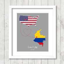 Load image into Gallery viewer, International Love Map - Two Countries, One Print - Castle Rock, Colorado, USA - Pereira, Risaralda, Colombia  - Colombian Flag - USA Flag
