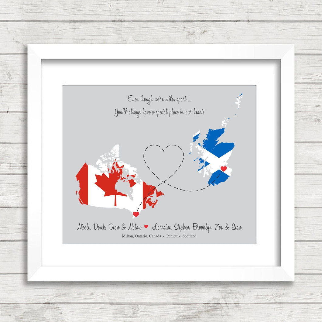 Long Distance Friendship or Family Map - Milton, Ontario, Canada - Penicuik, Scotland - Christmas Gift - Covid Christmas- Moving Away -