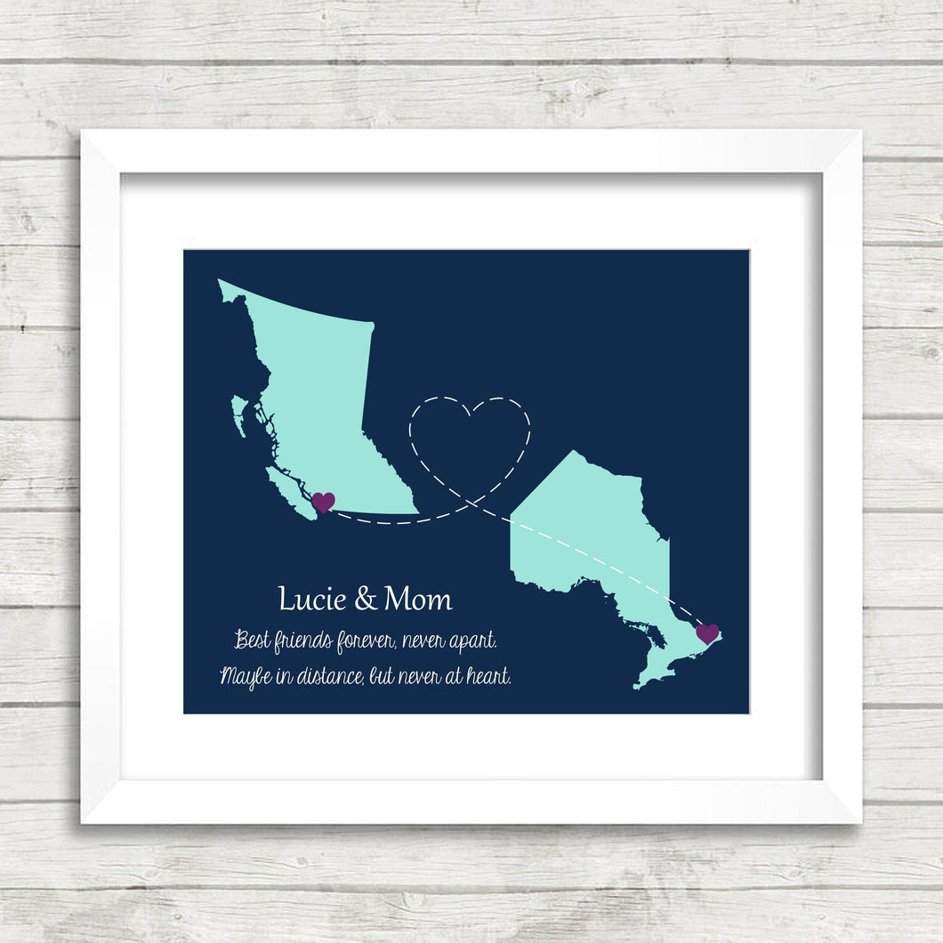 Mother & Daughter Province Maps - Vancouver, British Columbia - Ottawa, Ontario - Long Distance Family - Toronto - Christmas - Birthday