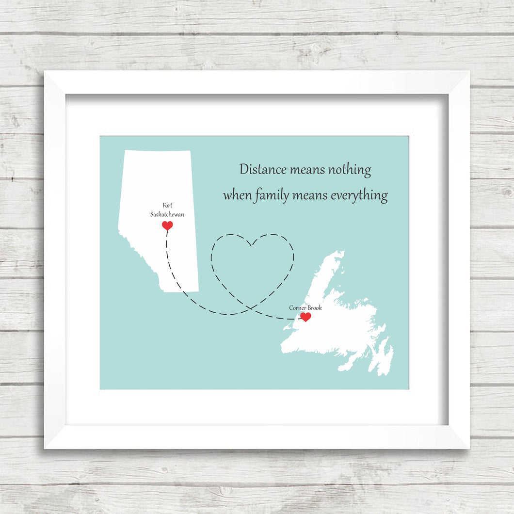 Family Love Map - Two Provinces, One Print - Fort Saskatchewan, Alberta - Corner Brook, Newfoundland - Mother's & Father's Day