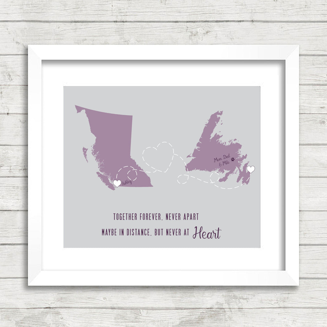 Family Love Map - Mom & Dad - Daughter - Two Provinces, One Print - Vancouver, BC - St. John's, Newfoundland - Canadian Family - East Coast