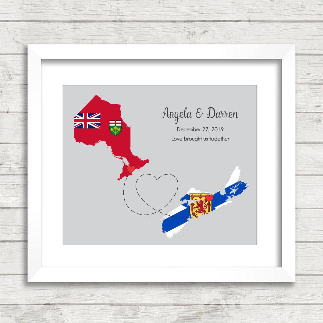 Canadian Provinces Love Map - Two Provinces, One Print - Toronto, Ontario - Westville, Nova Scotia - Canadian - Province Flags - East Coast