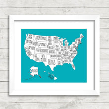 Load image into Gallery viewer, USA States Print - All States Named - American Roots - Travel Abroad - Educational - Office Print - Map of USA - Typography - America Print
