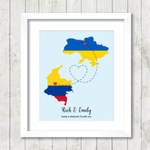 Load image into Gallery viewer, International Love Map - Two Countries, One Print - Kiev / Kyiv / Київ, Ukraine - Bogotá, Colombia - Colombian - Ukrainians - Ukraine Flag
