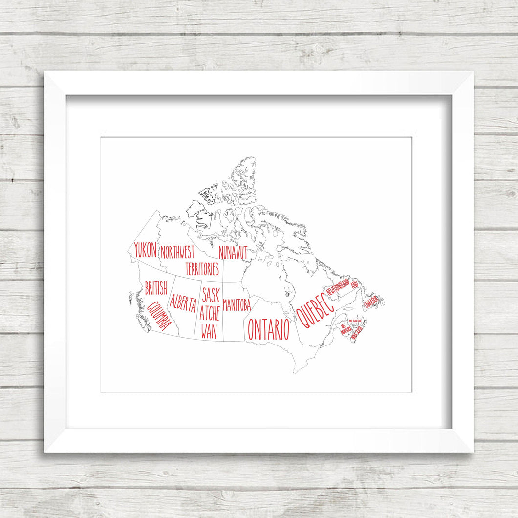 Canadian Provinces Map - All Provinces Named - Oh Canada - Travel Abroad - Educational - Office Print - Map of Canada- Typography - Canadian