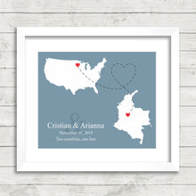 Load image into Gallery viewer, International Love Map - Two Countries, One Print - Holdingford, Minnesota, USA - Bogotá, Colombia - Colombian - Long Distance - Map Art
