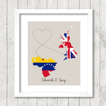 Load image into Gallery viewer, International Love Map - Two Countries, One Print - London, England, UK - Cagua, Aragua, Venezuela - Venezuelan - English - Long Distance
