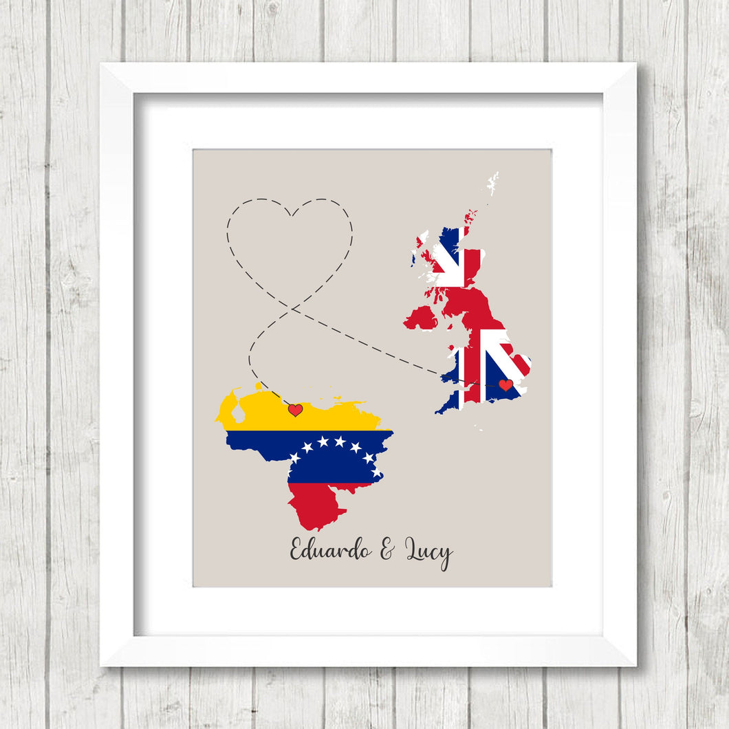 International Love Map - Two Countries, One Print - London, England, UK - Cagua, Aragua, Venezuela - Venezuelan - English - Long Distance