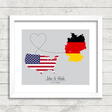 Load image into Gallery viewer, International Love Map-Two Countries, One Print - Loch Sheldrake, New York, USA - Wendlingen, Wiesbaden, Hesse, Germany - German - American
