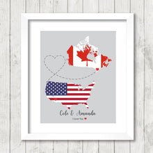 Load image into Gallery viewer, International Love Map - Two Countries, One Print - Barrie / Toronto, Ontario, Canada - Scottsdale, Arizona, USA - Long Distance Love
