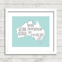 Load image into Gallery viewer, Australia States Print - Australian States - Aussie Roots - Travel Abroad - Educational - Office Print - Map of Australia - Typography
