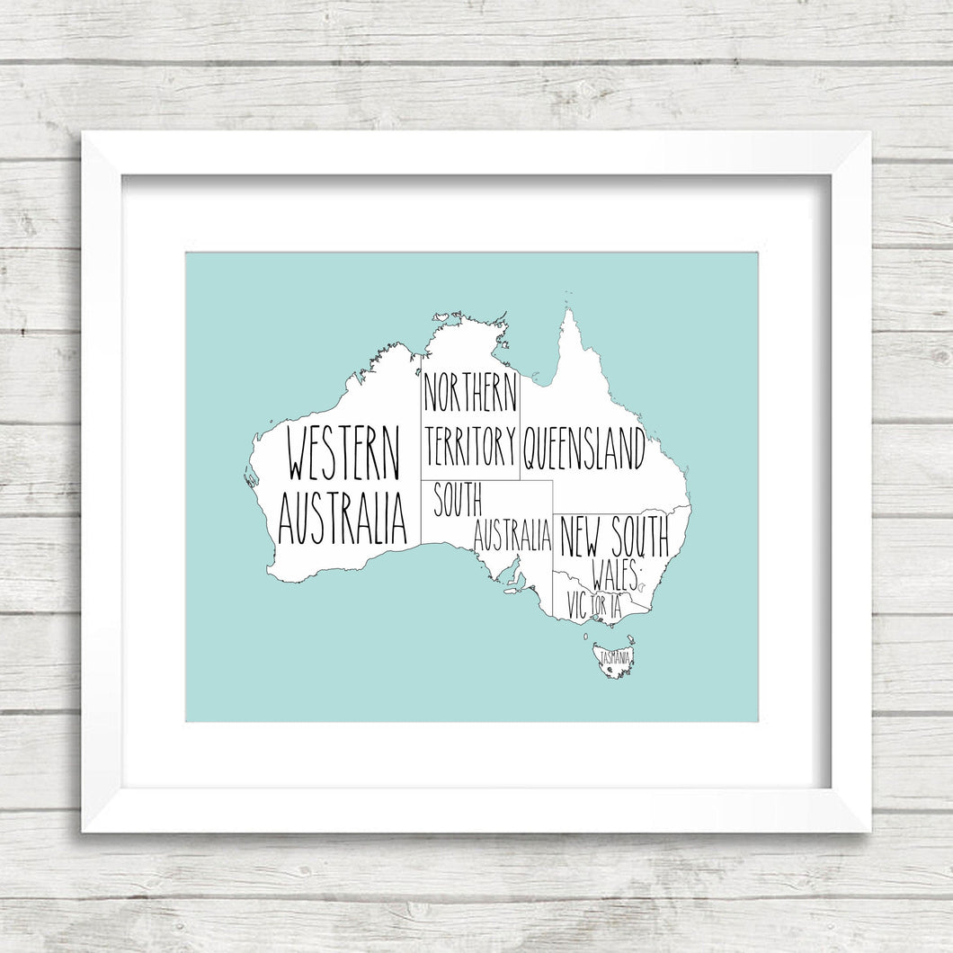 Australia States Print - Australian States - Aussie Roots - Travel Abroad - Educational - Office Print - Map of Australia - Typography