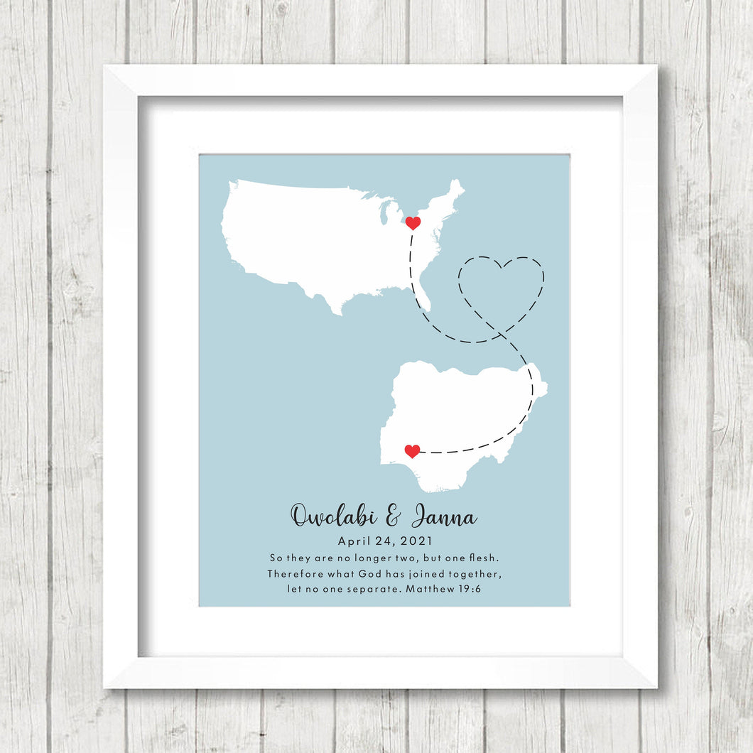 International Love Map - Two Countries, One Print - Cleveland, Ohio, USA - Ondo, Nigeria, Africa - New Beginnings - African Roots